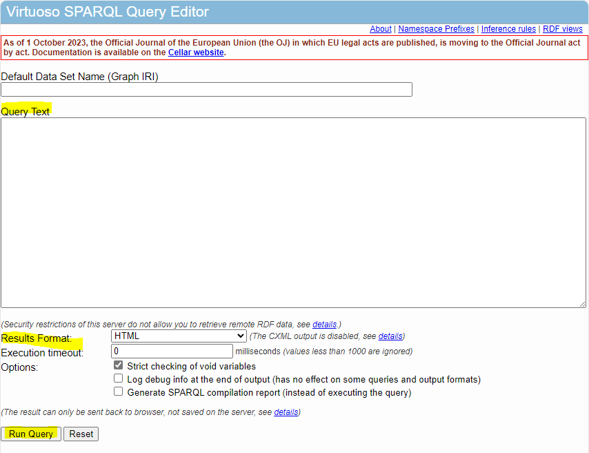 Interface of the SPARQL endpoint of the Publications Office